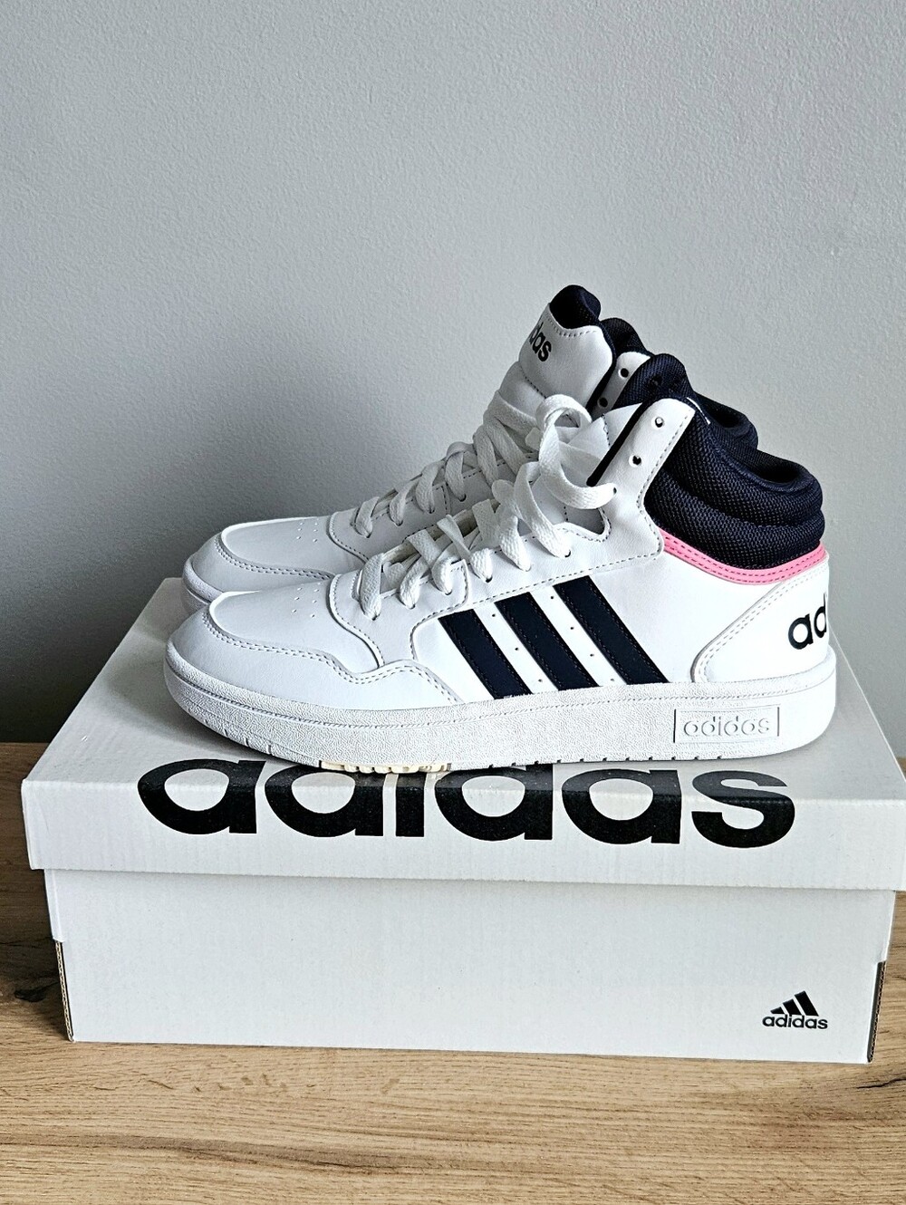 NWT adidas Hoops 3.0 Mid Sneakers White Navy Pink | Women’s Size 7.5 GW5455
